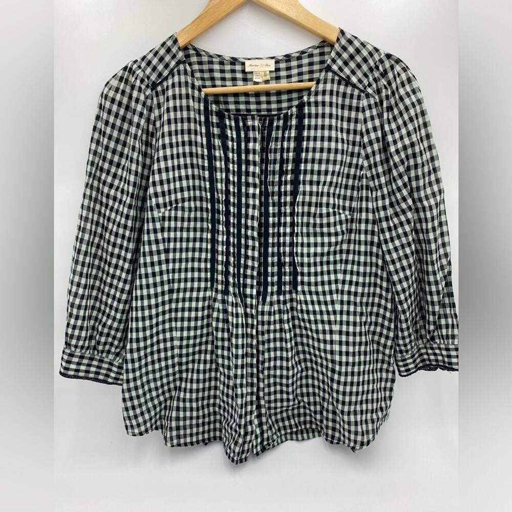 Meadow Rue Women’s Top Buffalo Check Pleated Crochet Lace Edging Black & Teal 8